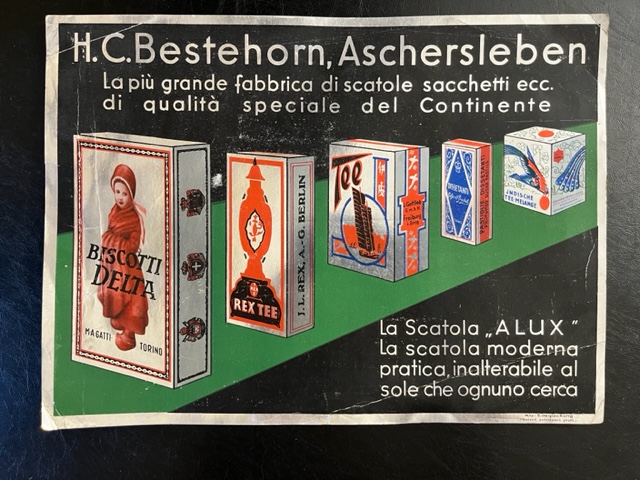 H. C. Bestehorn, Aschersleben. La più grande fabbrica di scatole, sacchetti di qualità speciale del Continente (Cartoncino pubblicitario)